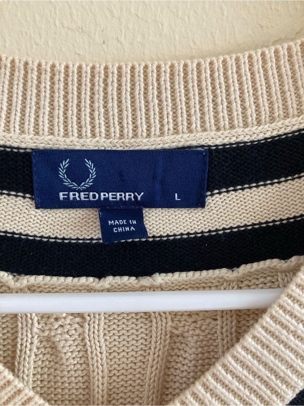Fred Perry Cream Cable-Knit V-Neck Sweater with Navy Trim - Picture 3 of 4